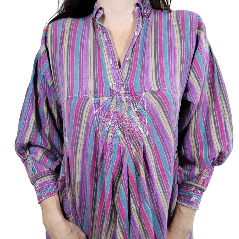 Vintage Bohemian Tunic Womens Small Striped Elephant Embroidered Hippie 70s Boho - Picture 3 of 15
